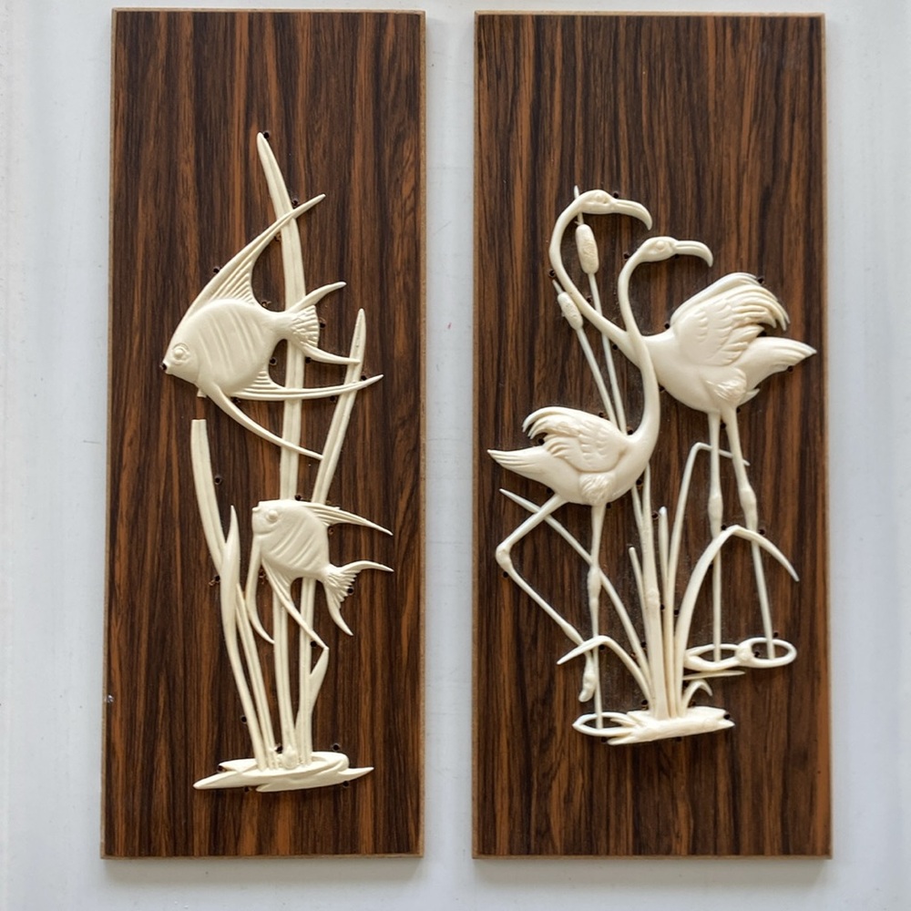 Vintage Carved Bakelite Flamingo - Fish Wood Wall Plaques. Made in West Germany. - Picture 6 of 7